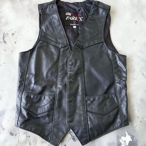 Vintage Park V Genuine Leather Black Leather Biker Vest Made in USA Mens 34 XS/S